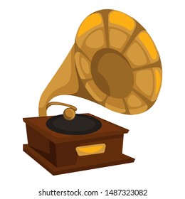 Vinyl disc playing, gold gramophone in 1910s style isolated retro object vector. Vintage music player, golden tube and wooden stand. Melody or song listening appliance, musical record playing