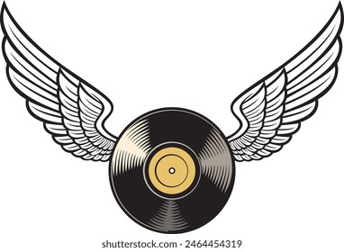 Vinyl Disc (record) with Wings. Flying Vinyl. Vector Illustration.