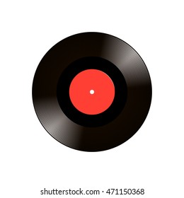 vinyl disc with red label over white background. Illustration