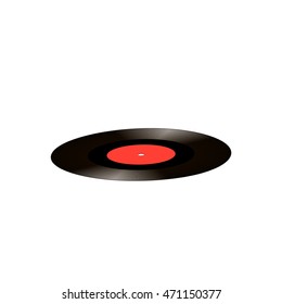 vinyl disc with red label over white background. Illustration