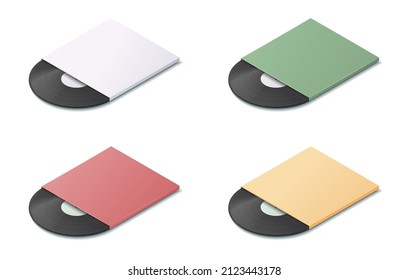 Vinyl disc set. Colored isometric vector illustration. Isolated on white background.