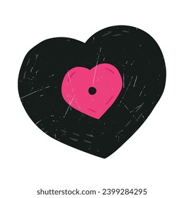 Disco de vinilo en forma de corazón, ilustración vectorial plana dibujada a mano aislada en fondo blanco. Disco girable con textura gruesa. Conceptos de amor y día de San Valentín.