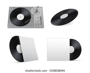 Vinyl disc and turntable realistic mockups set. Paper cover for new album disk template. Record-player, phonograph. Retro musical sound equipment. Vector vinyl turntable isolated on white.