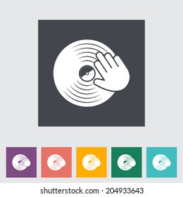 Vinyl disc whit hand. Single flat icon on the button. Vector illustration.