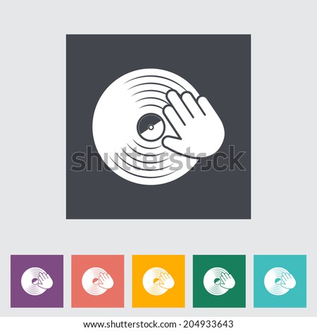 Vinyl disc whit hand. Single flat icon on the button. Vector illustration.
