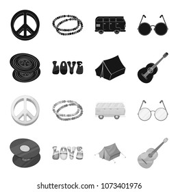 Vinyl discs, guitar, tent.Hippy set collection icons in black,monochrome style vector symbol stock illustration web.