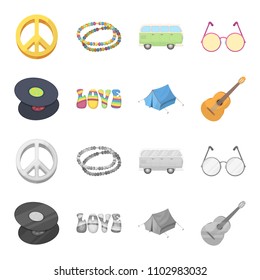 Vinyl discs, guitar, tent.Hippy set collection icons in cartoon,monochrome style vector symbol stock illustration web.