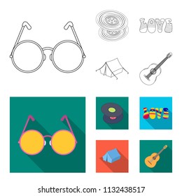Vinyl discs, guitar, tent.Hippy set collection icons in outline,flat style vector symbol stock illustration web.