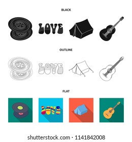 Vinyl discs, guitar, tent.Hippy set collection icons in black,flat,outline style vector symbol stock illustration web.