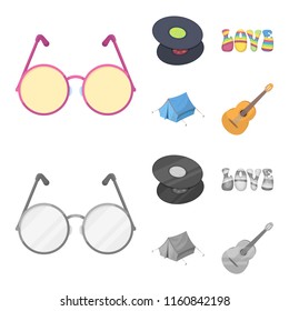 Vinyl discs, guitar, tent.Hippy set collection icons in cartoon,monochrome style vector symbol stock illustration web.