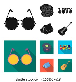 Vinyl discs, guitar, tent.Hippy set collection icons in black,flat style vector symbol stock illustration web.