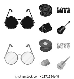 Vinyl discs, guitar, tent.Hippy set collection icons in black,monochrome style vector symbol stock illustration web.