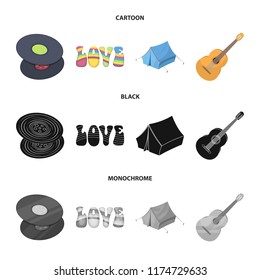 Vinyl discs, guitar, tent.Hippy set collection icons in cartoon,black,monochrome style vector symbol stock illustration web.