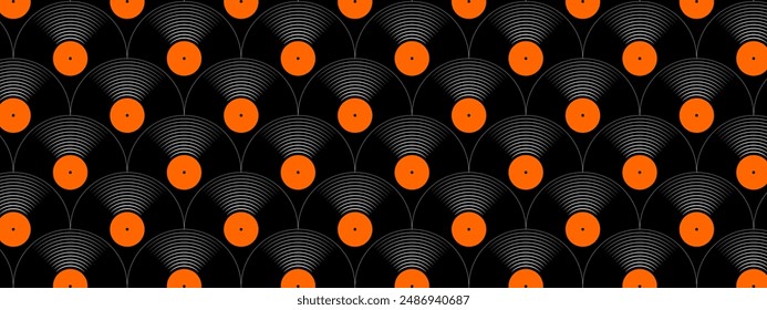 Vinyl discs seamless pattern. Repeating gramophone LP or long play music records icons isolated on white background. 70s 80s 2000s discotheque or techno party background. Vector flat illustration.