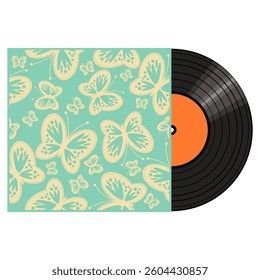 Vinyl disk in carton pack isolated on white retro style illustration vector art decor design 70s, 80s, 90s	