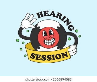 Vinyl disk cartoon character for announcing a hearing session retro hand drawn illustration