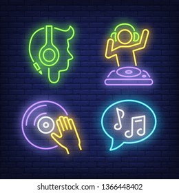 Vinyl disk, DJ, music notes and man with headphones neon signs set. Music, dj and party design. Night bright neon sign, colorful billboard, light banner. Vector illustration in neon style.