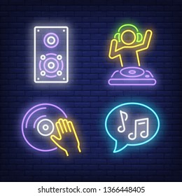 Vinyl disk, DJ, music notes and loudspeaker neon signs set. Music, dj and party design. Night bright neon sign, colorful billboard, light banner. Vector illustration in neon style.