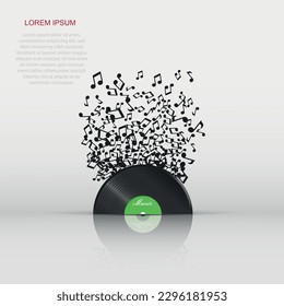 Vinyl disk with flying sound note. Music disk vector illustration. Sound record.