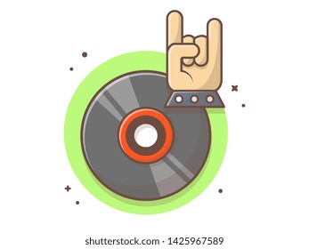 Vinyl Disk Music with Metal and Rock Hand Music Vector Illustration. Vinyl Music Record Vintage. Flat Cartoon Style Suitable for Web Landing Page,  Banner, Flyer, Sticker, Wallpaper, Card, Background