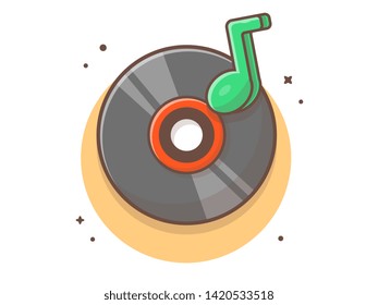 Vinyl Disk Music with Tune and Note of Music Vector Illustration. Vinyl Music Record Vintage. Flat Cartoon Style Suitable for Web Landing Page,  Banner, Flyer, Sticker, Wallpaper, Card, Background