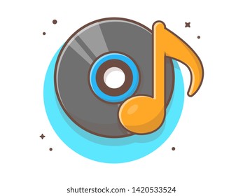 Vinyl Disk Music with Tune and Note of Music Vector Illustration. Vinyl Music Record Vintage. Flat Cartoon Style Suitable for Web Landing Page,  Banner, Flyer, Sticker, Wallpaper, Card, Background
