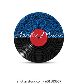 Vinyl disk record with blue mandala. Concept music ethnic background. Vector illustration