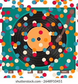 Vinyl disk retro player style illustration vector art decor design 70s, 80s, 90s music pattern	
