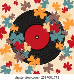 Vinyl disk retro style illustration vector art decor design 70s, 80s, 90s music pattern 