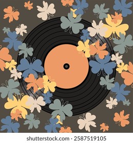 Vinyl disk retro style illustration vector art decor design 70s, 80s, 90s music pattern