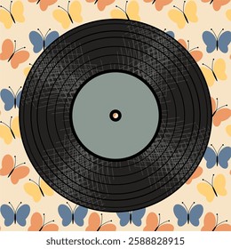  Vinyl disk retro style illustration vector art decor design 70s, 80s, 90s music pattern