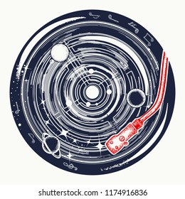 Vinyl disk universe and music notes tattoo. Symbol of space music, meditation, dream, inspiration t-shirt design