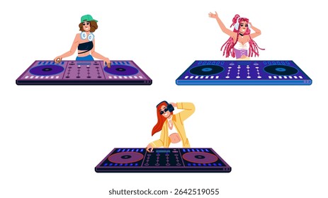 vinyl dj woman character turntable vector. mixer beats, dance club, sound spin vinyl dj woman character turntable character. people flat cartoon illustration