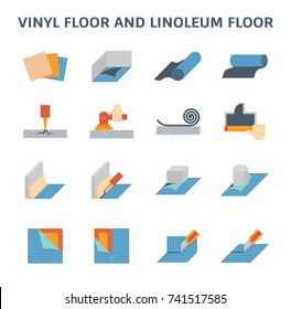 Vinyl floor and linoleum floor construction by worker vector icon set design.