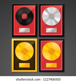 Vinyl im Rahmen auf der Wand, Golden Platinum Hit Collection Diskette, Template Design Element, Vektorgrafik