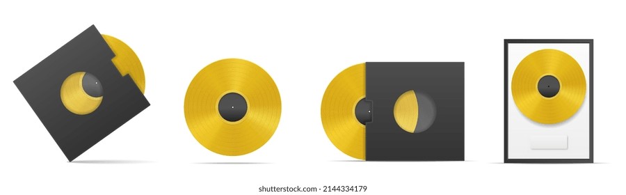 Vinyl Gold Record. Collection Of Pictures With Music Carrier, Album Of Famous Musician Band. Set Of Stickers For Social Networks. Realistic Flat Vector Illustrations Isolated On White Background