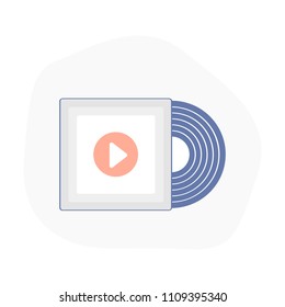 Vinyl Gramophone Record with Play button. Play music, song, disco party. Retro music vinyl design. Front view, flat outline vector illustration concept.