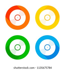 vinyl icon. Flat white icon on colored circles background. Four different long shadows in each corners