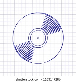 vinyl icon. Hand drawn picture on paper sheet. Blue ink, outline sketch style. Doodle on checkered background