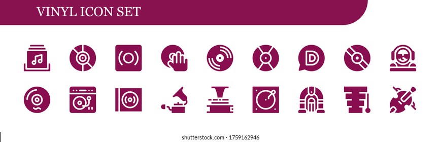 vinyl icon set. 18 filled vinyl icons.  Simple modern icons such as: Music album, Vinyl, Record, DJ, Disqus, Turntable, Gramophone, Phonograph, Jukebox, Xylophone, Cello