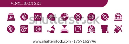 vinyl icon set. 18 filled vinyl icons.  Simple modern icons such as: Music album, Vinyl, Record, DJ, Disqus, Turntable, Gramophone, Phonograph, Jukebox, Xylophone, Cello