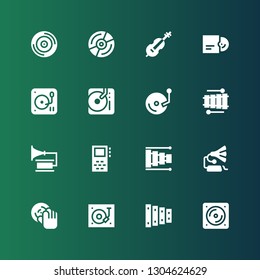 vinyl icon set. Collection of 16 filled vinyl icons included Vinyl, Xylophone, Turntable, DJ, Gramophone, Record, Cello