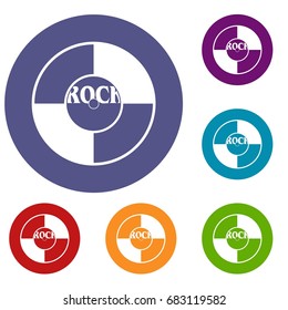Vinyl icons set in flat circle red, blue and green color for web