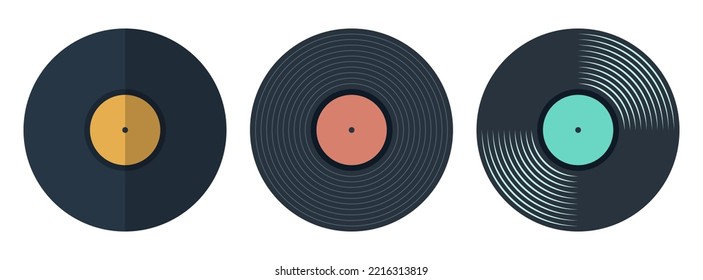 Vinyl icons. Vector vinyl record disc set. Vector color illustration. The view from the top. Gramophone LP vinyl record. Retro design.