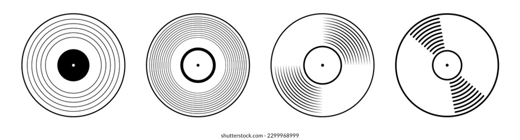 Vinyl icons. Vector vinyl record disc set. Vector black and white illustration. The view from the top. Gramophone LP vinyl record. Retro design. Simple symmetric vector icons.