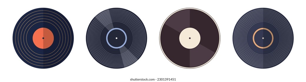 Vinyl icons. Vector vinyl record disc set. Vector color illustration. The view from the top. Gramophone LP vinyl record. Retro design.