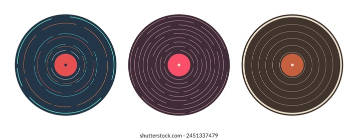 Vinyl icons. Vector vinyl record disc set. Vector color illustration. The view from the top. Gramophone LP vinyl record. Retro design. Vector icons set. Vinyl collection.