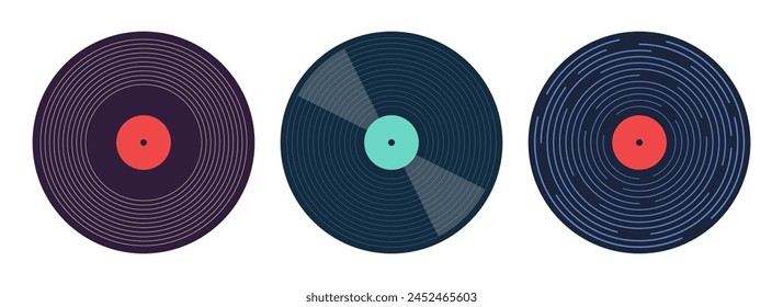 Vinyl icons. Vector vinyl record disc set. Vector color illustration. The view from the top. Gramophone LP vinyl record. Retro design. Vector icons set. Vinyl collection.