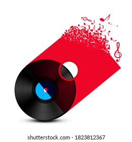 Vinyl Isolated on Transparent Red Cover with Music Symbols  White Background