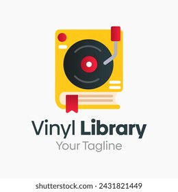 Vinyl Library Logo Vector Illustration. Template Design Idea Combining Music Vinyl Disc and Book Shape